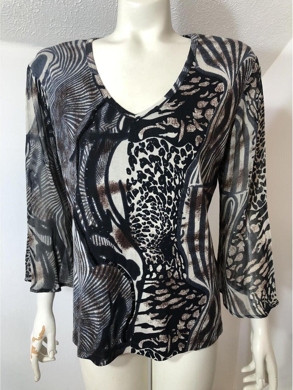 Le Mieux Studio New Womens Large Knit Top Animal Print Sheer 3/4 Sleeves Beads
